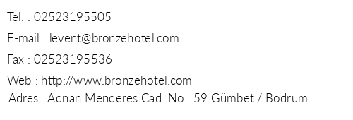 Bronze Hotel telefon numaralar, faks, e-mail, posta adresi ve iletiim bilgileri